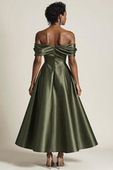 Dreamyannie Satin Olive Wedding Guest Dress A-Line Off The Shoulder Ruched Ankle Length Formal Dress