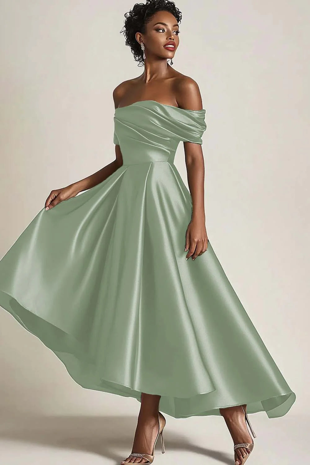 Dreamyannie Satin Olive Wedding Guest Dress A-Line Off The Shoulder Ruched Ankle Length Formal Dress