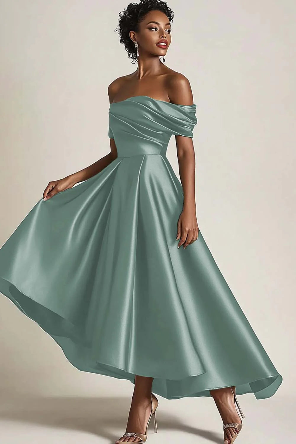Dreamyannie Satin Olive Wedding Guest Dress A-Line Off The Shoulder Ruched Ankle Length Formal Dress