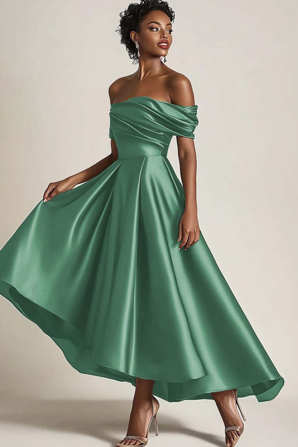 Dreamyannie Satin Olive Wedding Guest Dress A-Line Off The Shoulder Ruched Ankle Length Formal Dress
