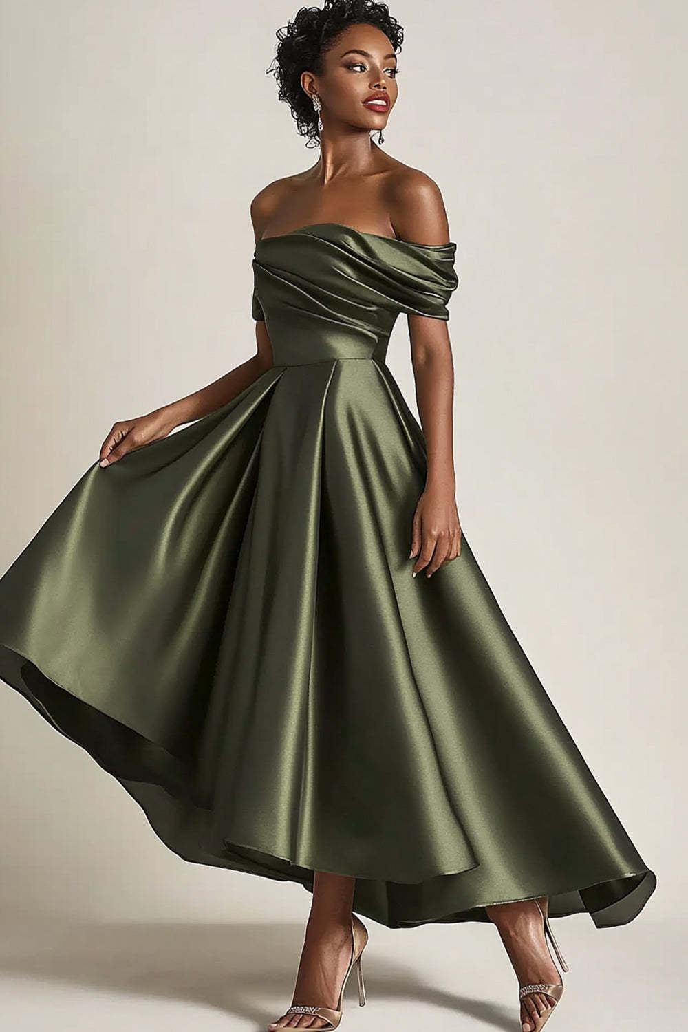 Dreamyannie Satin Olive Wedding Guest Dress A-Line Off The Shoulder Ruched Ankle Length Formal Dress