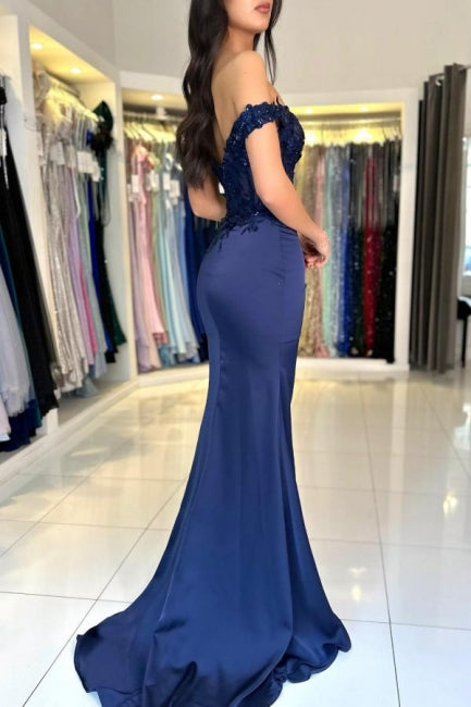 Dreamyannie Satin Prom Dress Lace Off The Shoulder Sleeveless Formal Dress With Appliques Slit