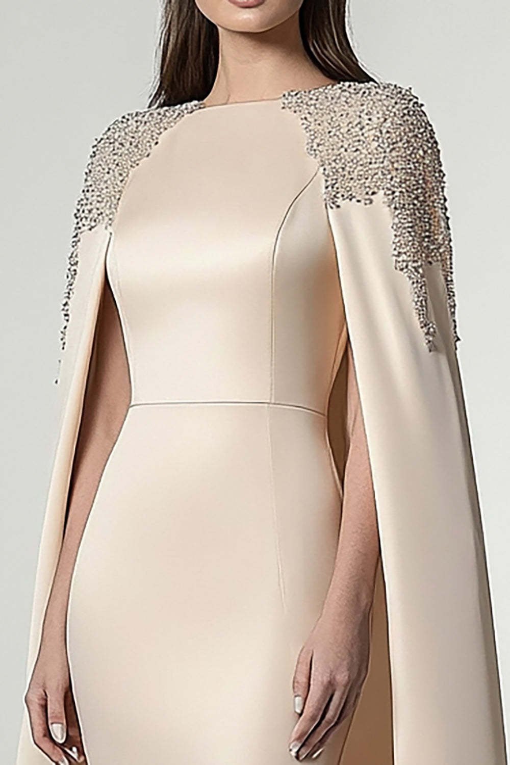 Dreamyannie Satin Sheath Champagne Wedding Guest Dress Knee-Length Formal Dress With Shawl