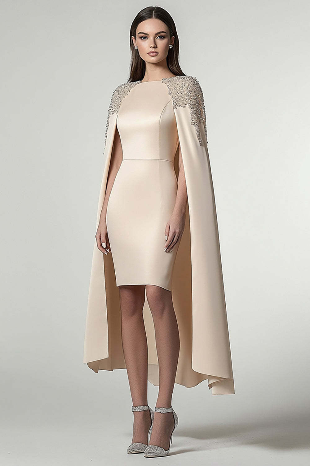 Dreamyannie Satin Sheath Champagne Wedding Guest Dress Knee-Length Formal Dress With Shawl