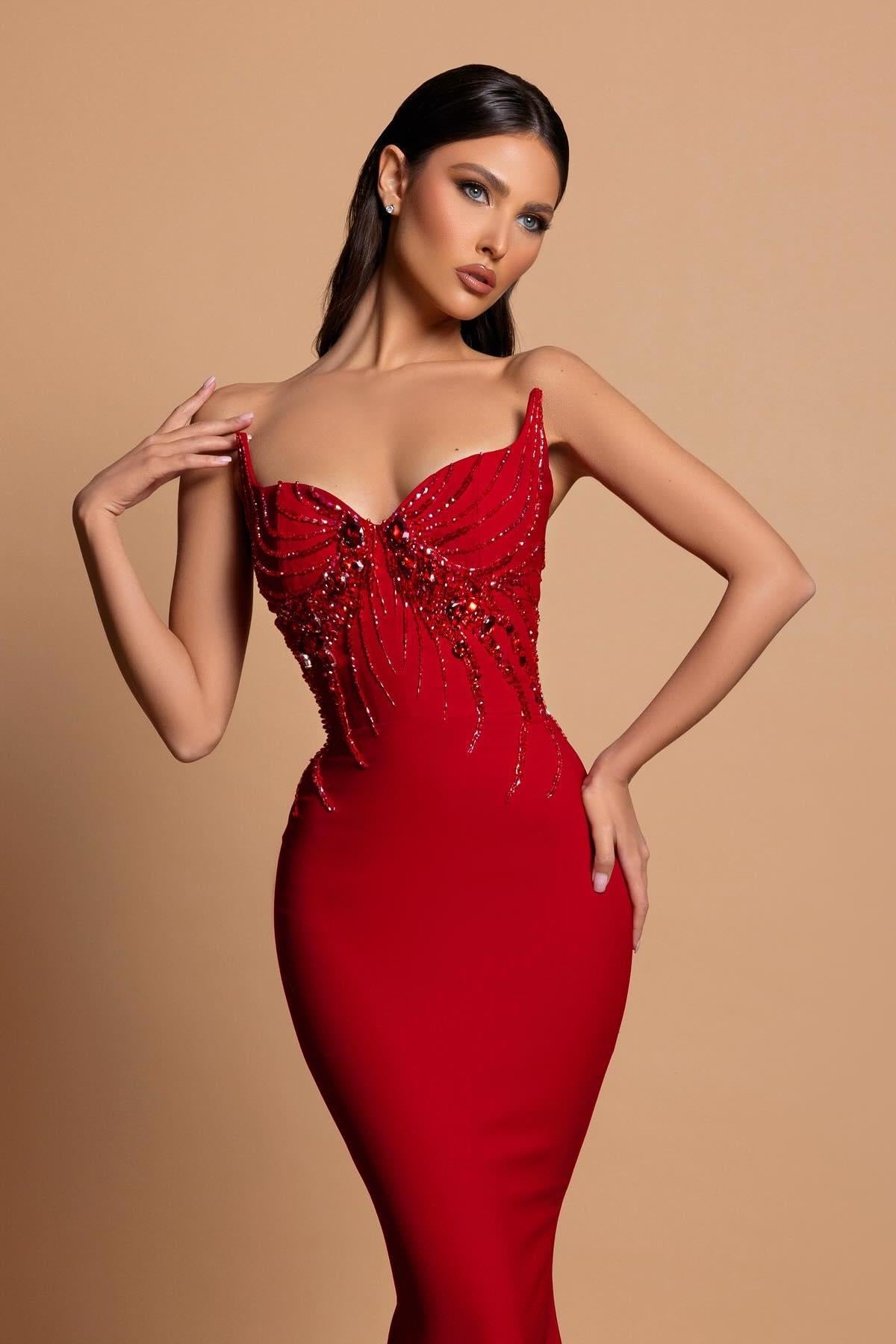 Dreamyannie Satin Sleeveless Mermaid Sweetheart Rhinestone Evening Dress