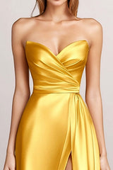 Dreamyannie Satin Yellow A-Line Strapless Ruched Long Formal Dress With Slit
