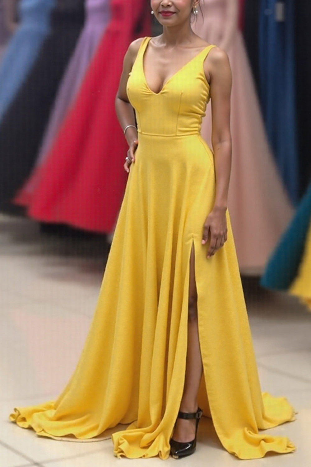 Dreamyannie Satin Yellow Prom Dress A Line V-Neck Long Formal Dress With Slit
