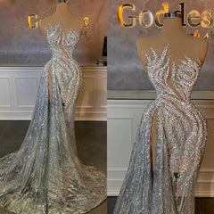 Dreamyannie Sequined Prom Dress Silver Mermaid Formal Dress with Slit