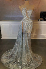 Dreamyannie Sequined Prom Dress Silver Mermaid Formal Dress with Slit