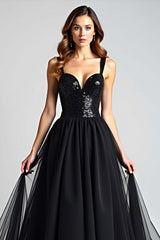 Dreamyannie Sequins Backless Black Wedding Guest Dress A Line Long Tulle Graduation Dress