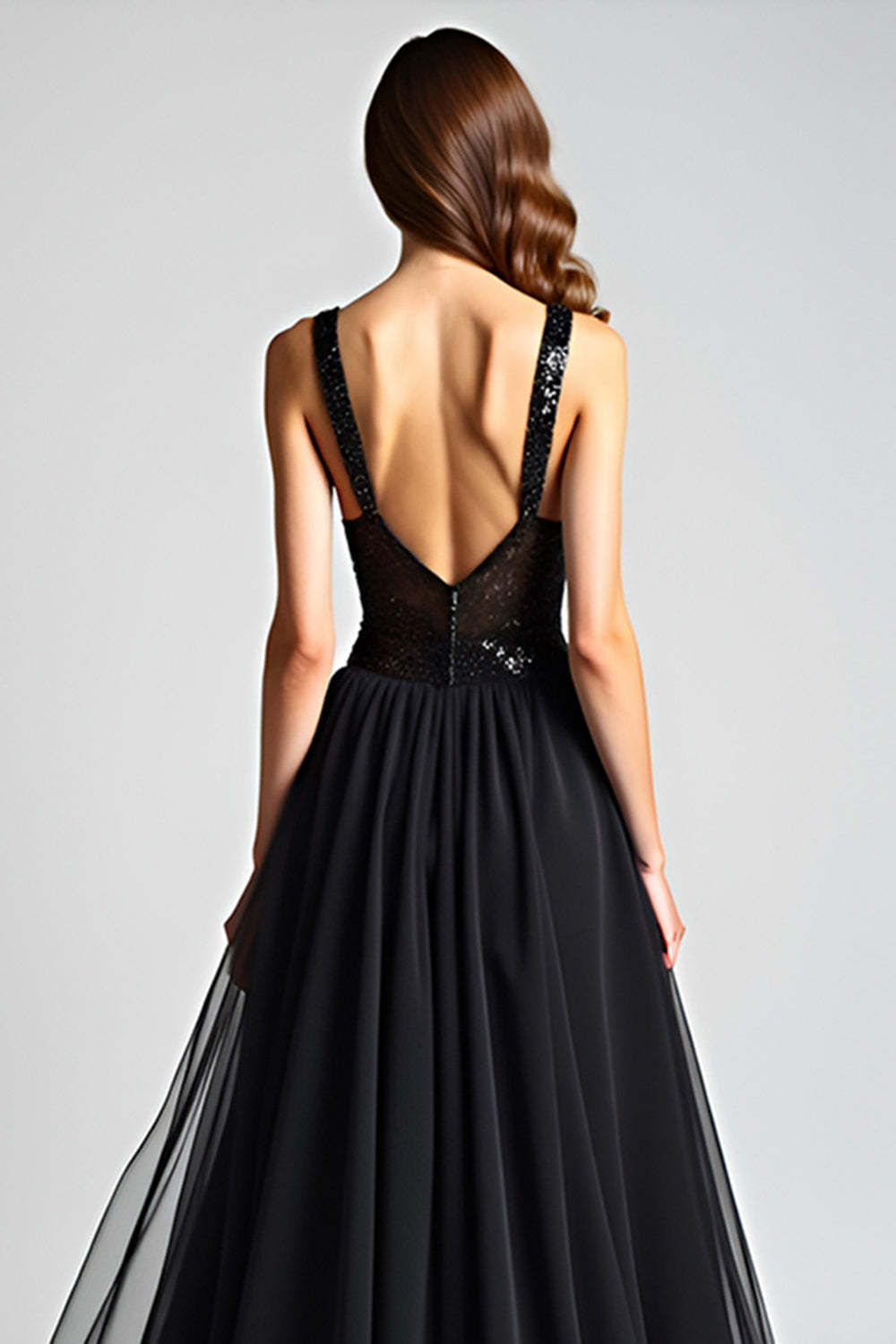 Dreamyannie Sequins Backless Black Wedding Guest Dress A Line Long Tulle Graduation Dress