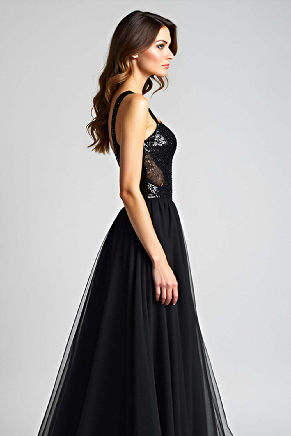 Dreamyannie Sequins Backless Black Wedding Guest Dress A Line Long Tulle Graduation Dress