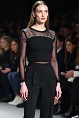 Dreamyannie Sexy Tops Black Wedding Guest Dress Mesh FlaRed Wedding Guest Dress Pants Two-Piece Set