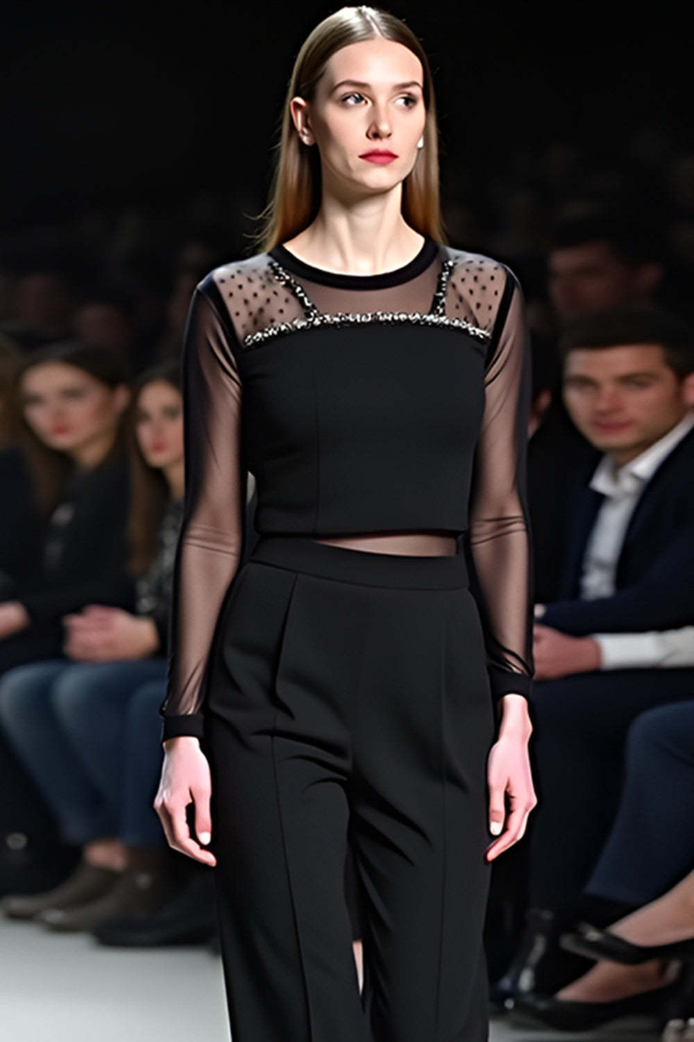 Dreamyannie Sexy Tops Black Wedding Guest Dress Mesh FlaRed Wedding Guest Dress Pants Two-Piece Set