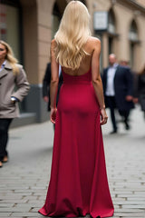 Dreamyannie Sheath Backless Halter Burgundy Wedding Guest Dress Long Formal Dress