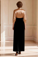 Dreamyannie Sheath Black And Champagne Satin V Neck Long Mother Of The Bride Dress