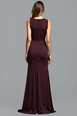 Dreamyannie Sheath Cabernet Sleeveless Deep V-Neck Long Formal Dress