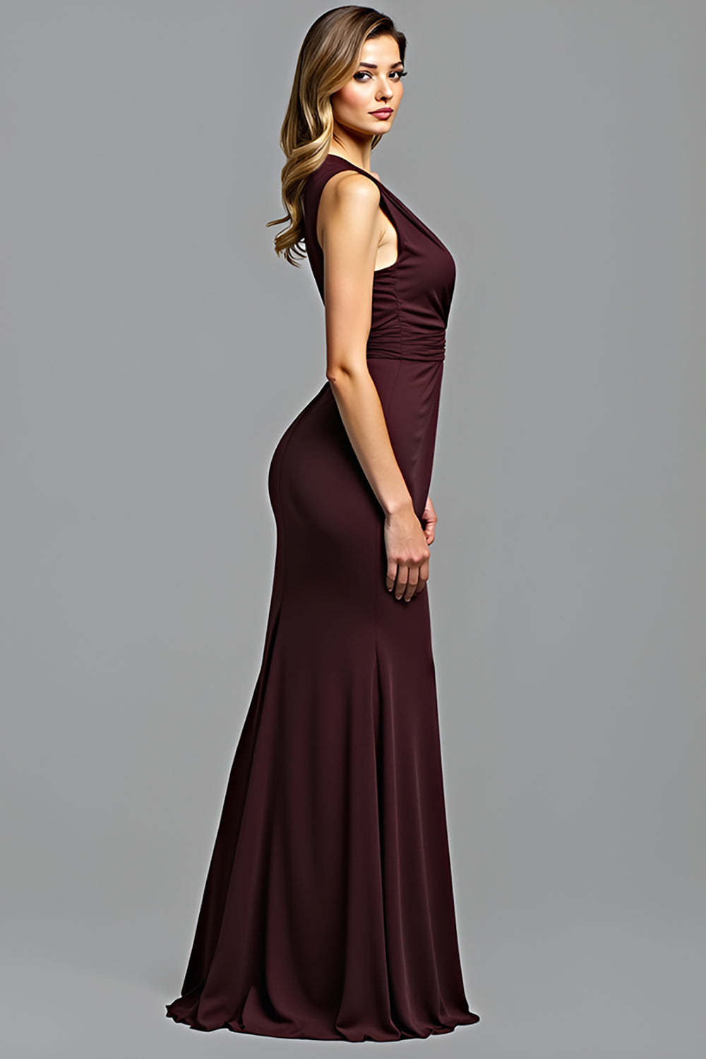 Dreamyannie Sheath Cabernet Sleeveless Deep V-Neck Long Formal Dress