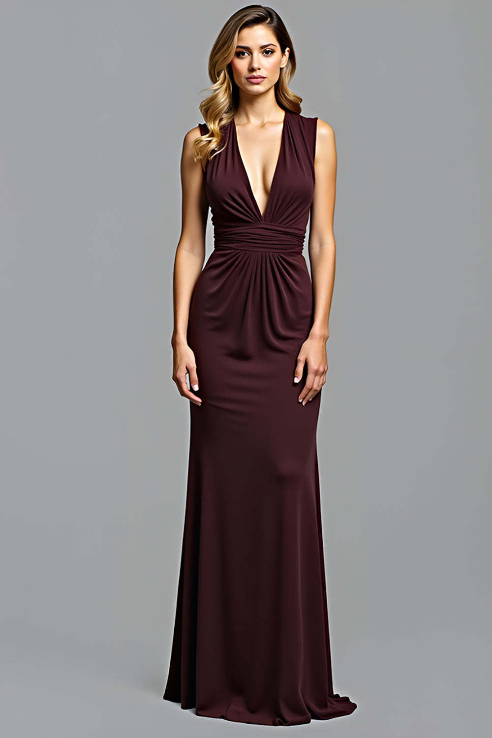 Dreamyannie Sheath Cabernet Sleeveless Deep V-Neck Long Formal Dress