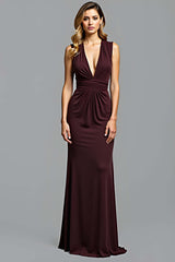 Dreamyannie Sheath Cabernet Sleeveless Deep V-Neck Long Formal Dress
