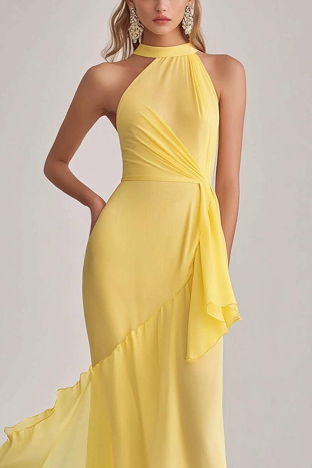 Dreamyannie Sheath Chiffon Light Yellow Halter Neck Long Formal Dress