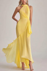 Dreamyannie Sheath Chiffon Light Yellow Halter Neck Long Formal Dress