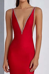 Dreamyannie Sheath Deep V-Neck Red Wedding Guest Dress Long Formal Dress With Beading