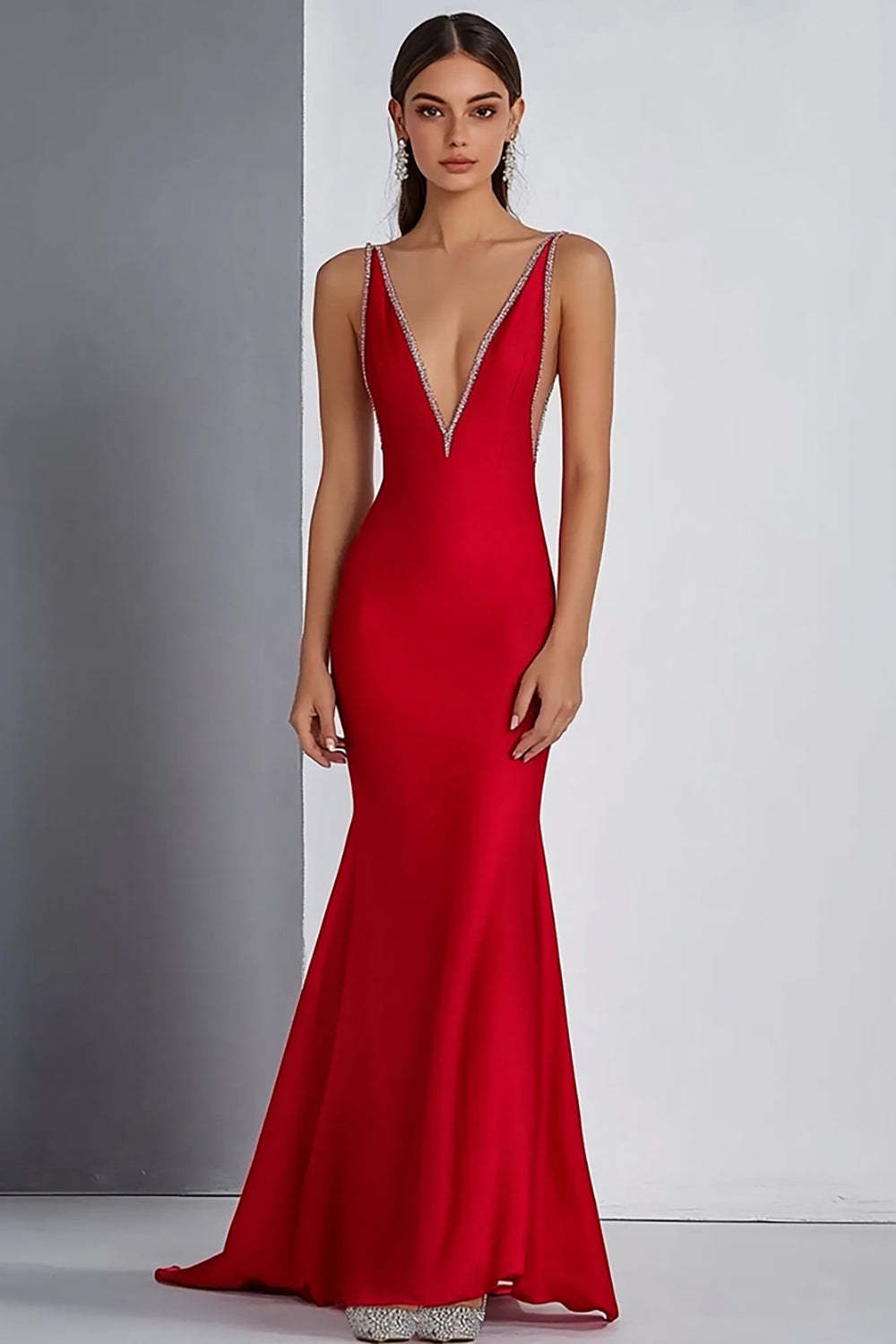 Dreamyannie Sheath Deep V-Neck Red Wedding Guest Dress Long Formal Dress With Beading