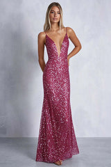 Dreamyannie Sheath Fuchsia Wedding Guest Dress Deep V-Neck Long Formal Dress