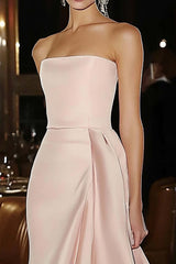 Dreamyannie Sheath Pink Wedding Guest Dress Strapless Satin Ruffled Gala Dress