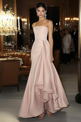 Dreamyannie Sheath Pink Wedding Guest Dress Strapless Satin Ruffled Gala Dress