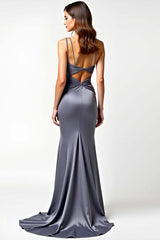 Dreamyannie Sheath Steel Grey Deep V-Neck Long Formal Dress With Slit
