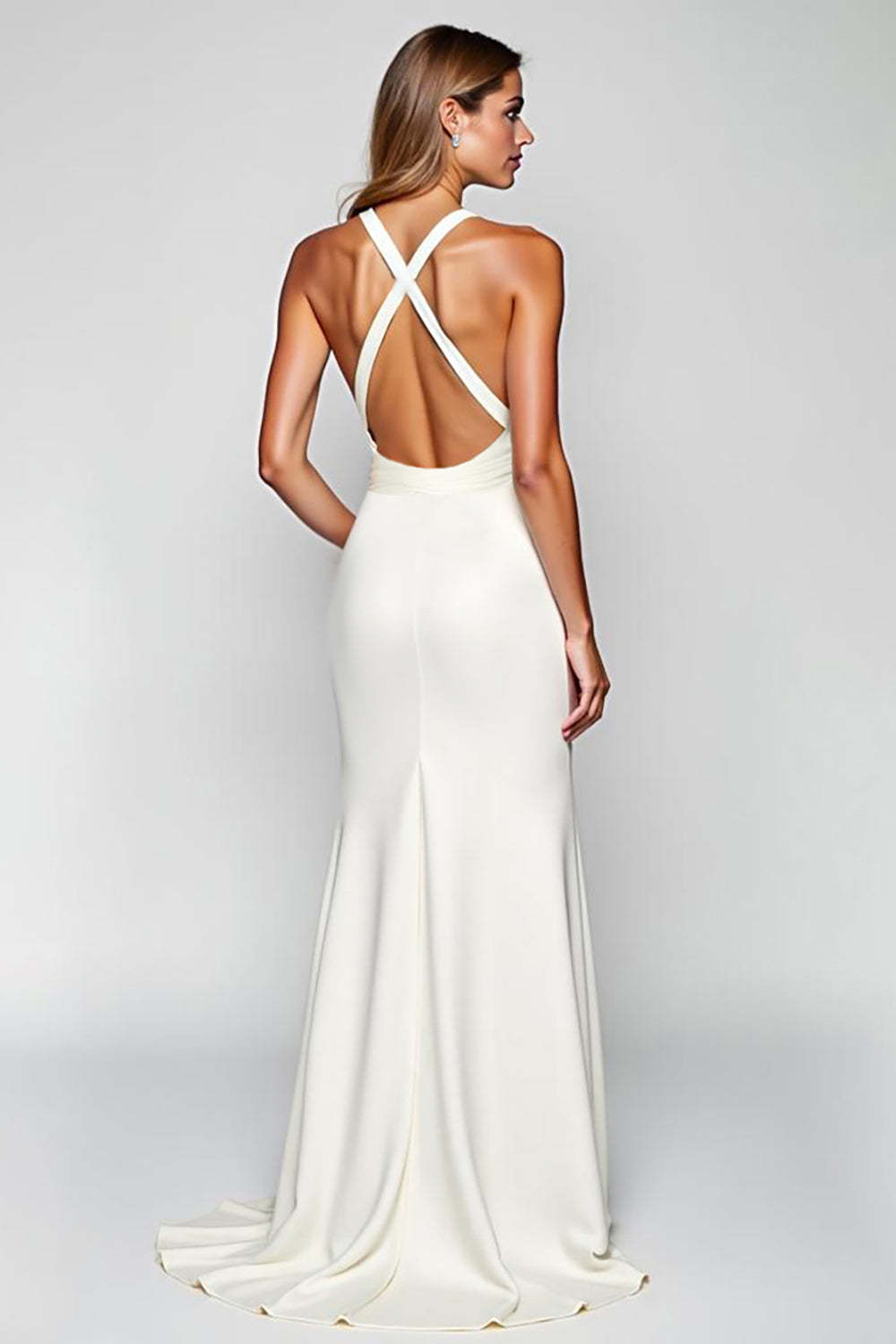 Dreamyannie Sheath White Halter Satin Long Formal Dress