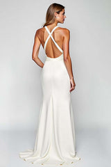 Dreamyannie Sheath White Halter Satin Long Formal Dress