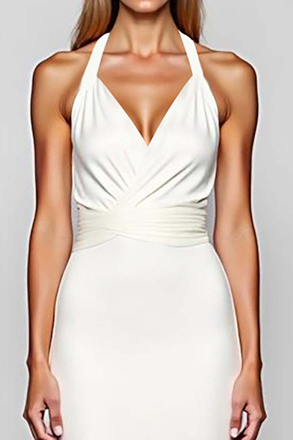 Dreamyannie Sheath White Halter Satin Long Formal Dress