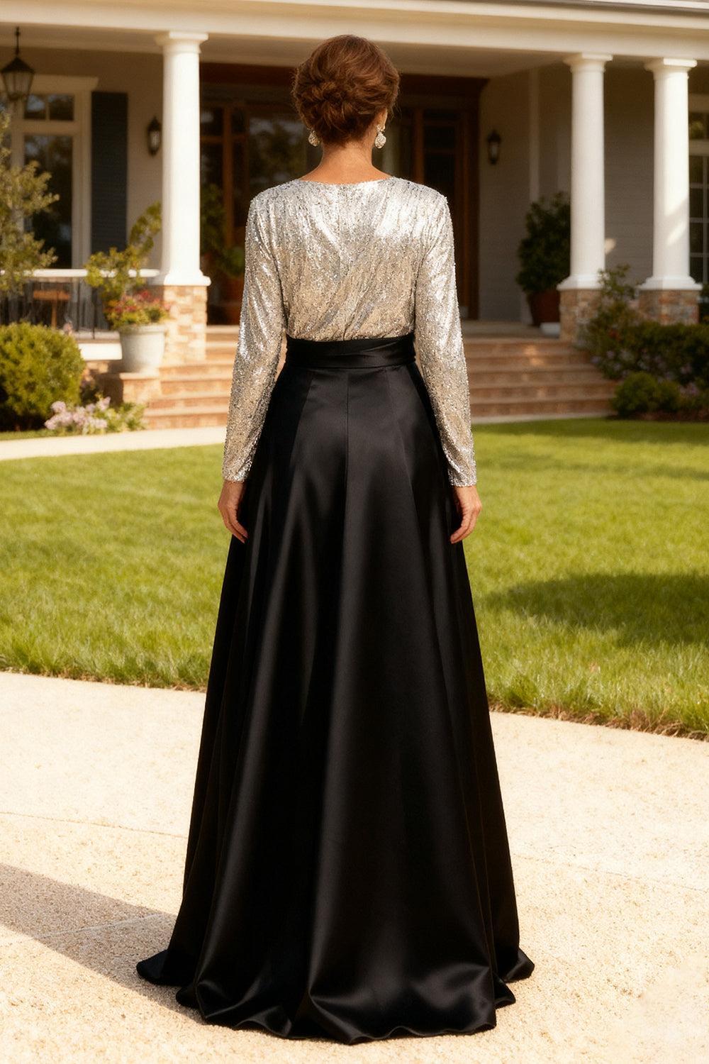 Dreamyannie Silver And Black Satin Floor Length Mother Of The Bride Dress With Bow