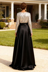 Dreamyannie Silver And Black Satin Floor Length Mother Of The Bride Dress With Bow