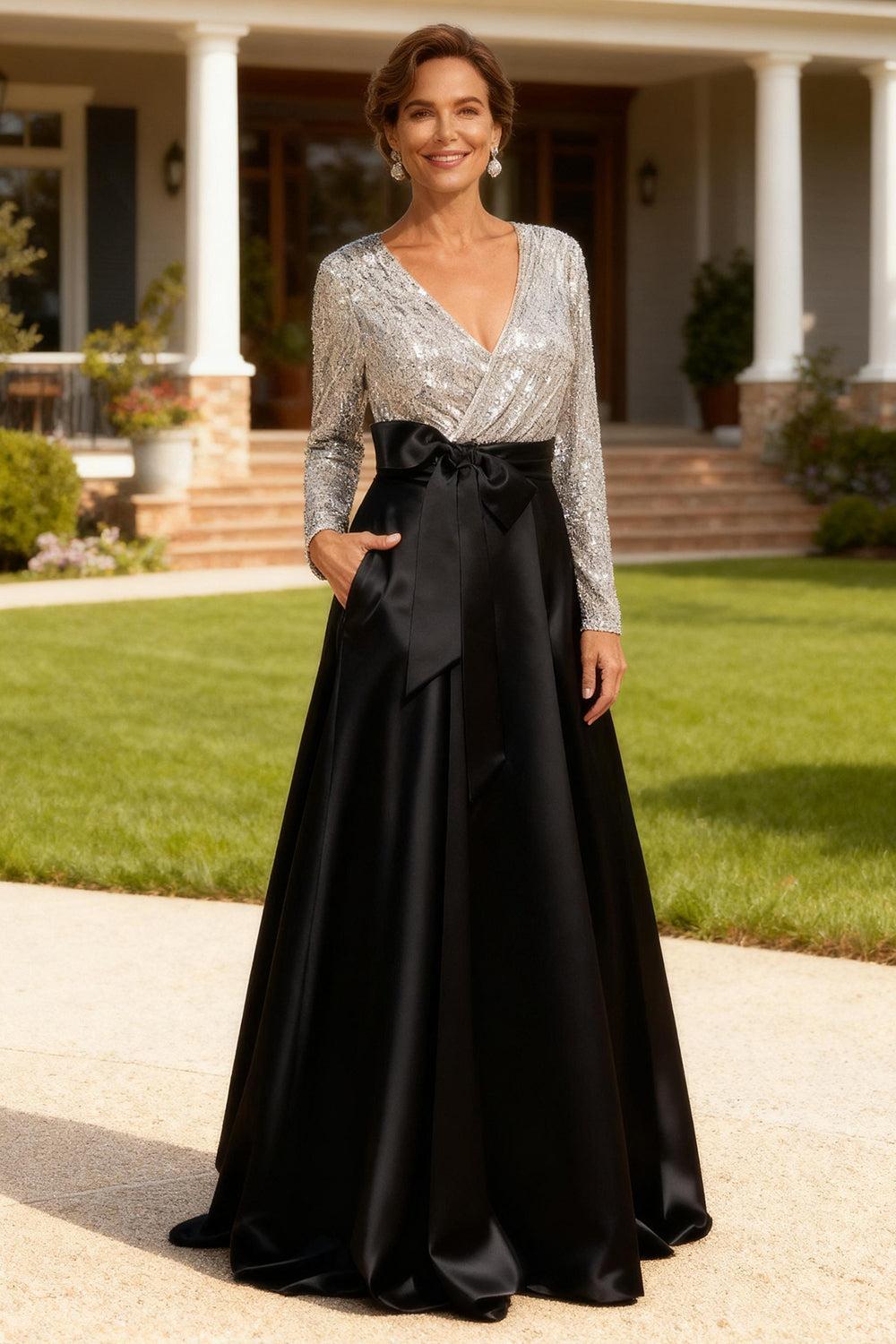 Dreamyannie Silver And Black Satin Floor Length Mother Of The Bride Dress With Bow