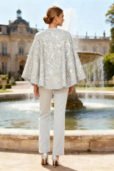 Dreamyannie Silver Beaded Lace 3 Piece Mother Of The Bride Pant Suits With Cape