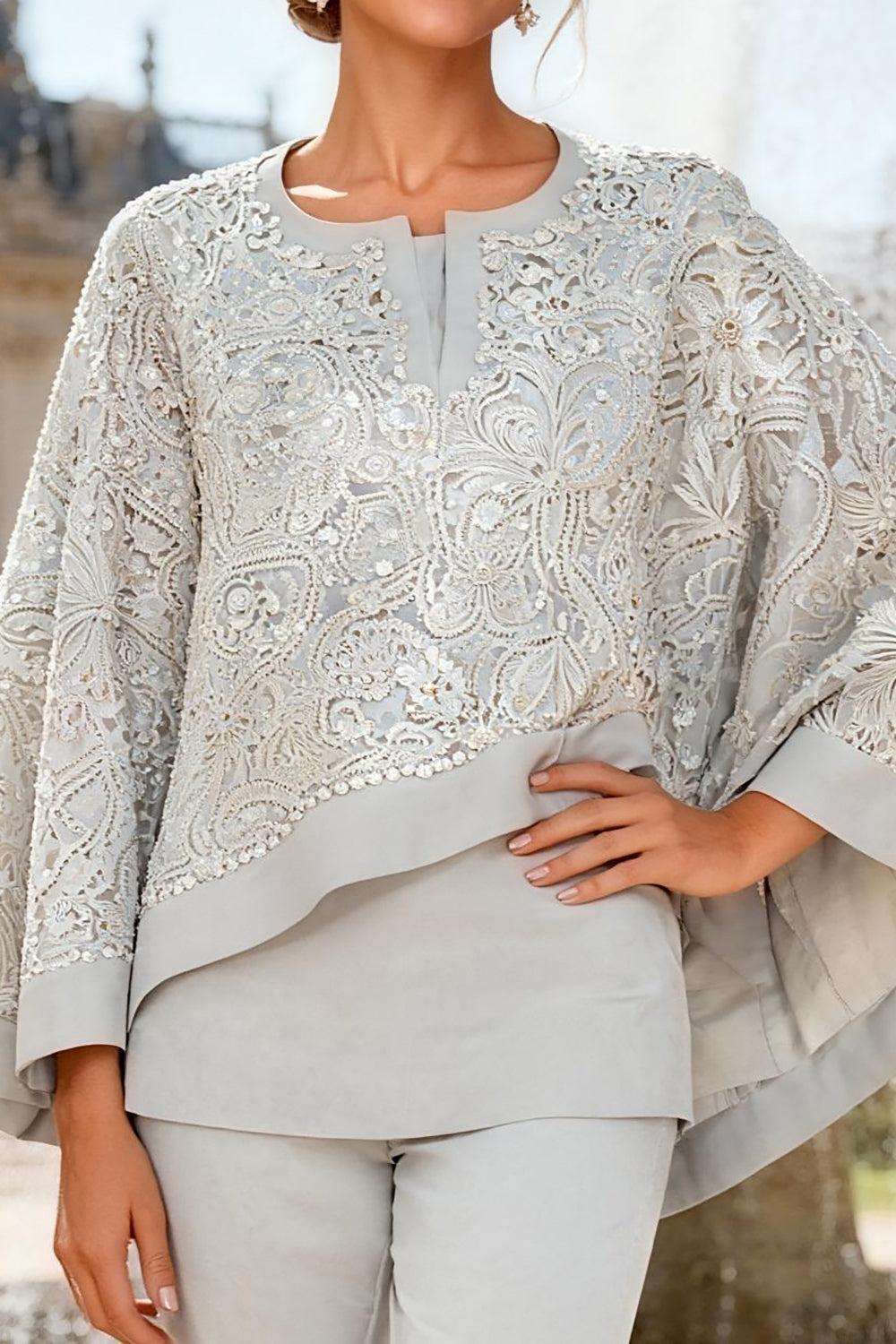Dreamyannie Silver Beaded Lace 3 Piece Mother Of The Bride Pant Suits With Cape