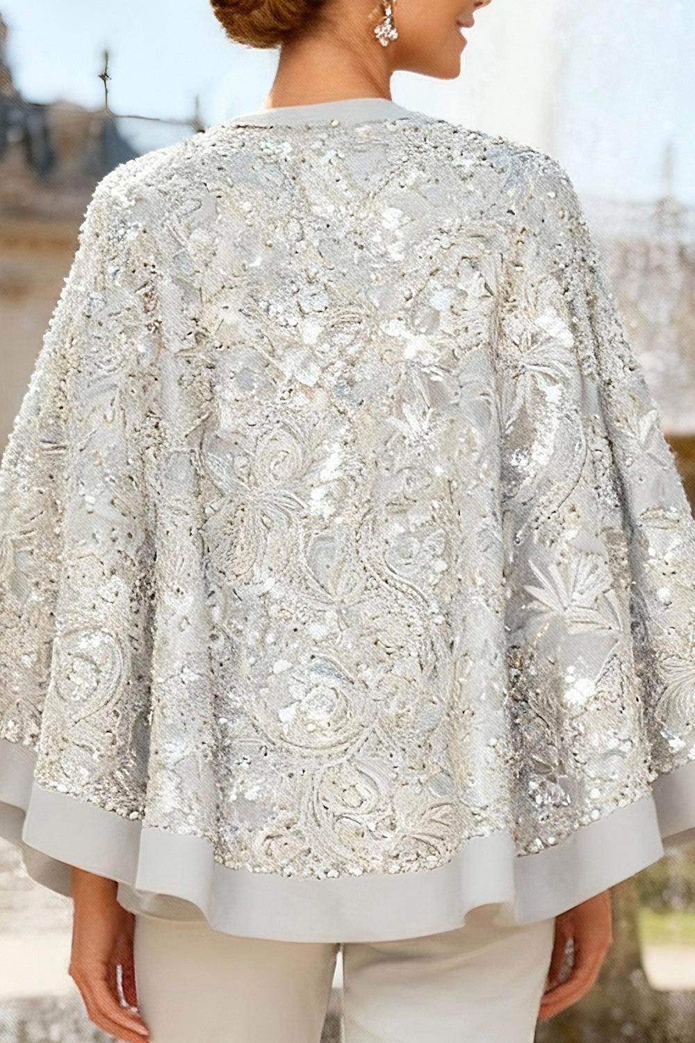 Dreamyannie Silver Beaded Lace 3 Piece Mother Of The Bride Pant Suits With Cape