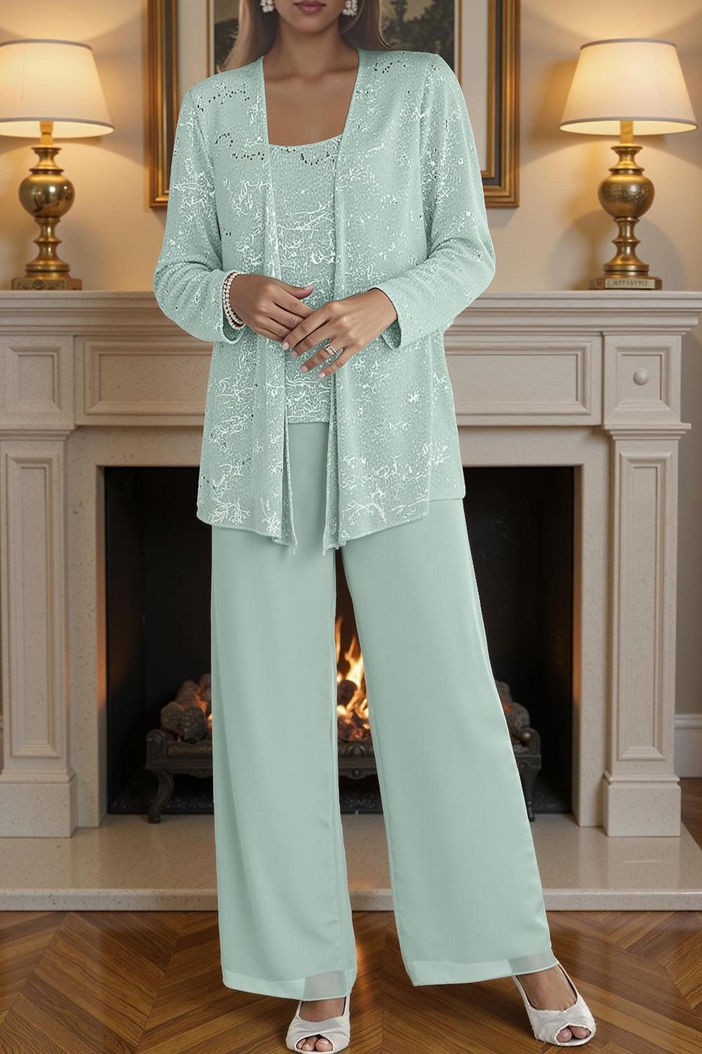 Dreamyannie Silver Chiffon Scoop Neck 3 Piece Mother Of The Bride Pant Suits With Jacket