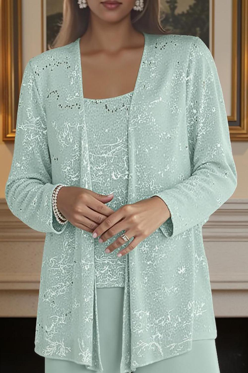 Dreamyannie Silver Chiffon Scoop Neck 3 Piece Mother Of The Bride Pant Suits With Jacket