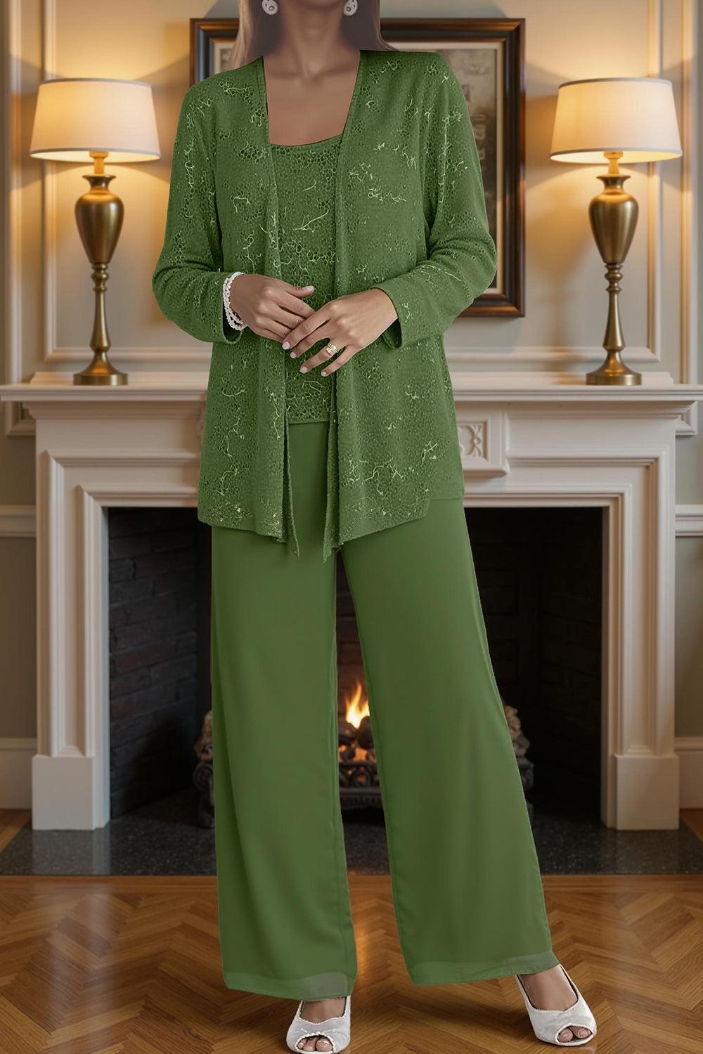 Dreamyannie Silver Chiffon Scoop Neck 3 Piece Mother Of The Bride Pant Suits With Jacket