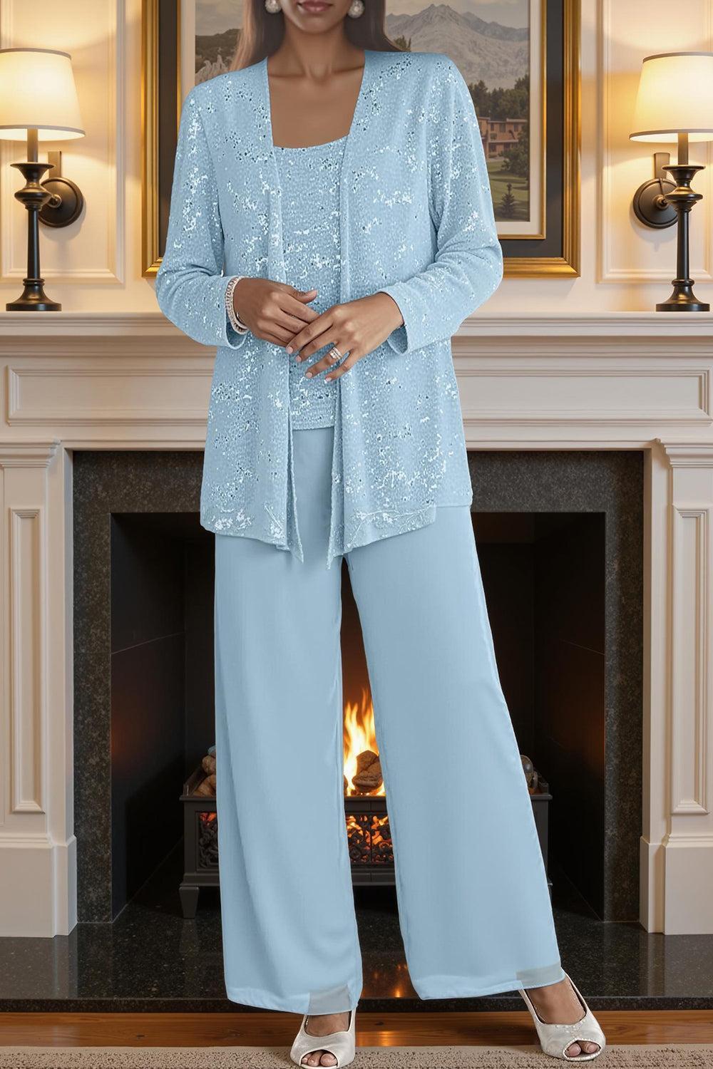 Dreamyannie Silver Chiffon Scoop Neck 3 Piece Mother Of The Bride Pant Suits With Jacket