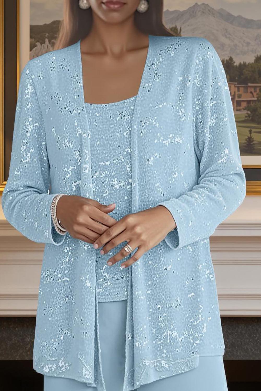Dreamyannie Silver Chiffon Scoop Neck 3 Piece Mother Of The Bride Pant Suits With Jacket