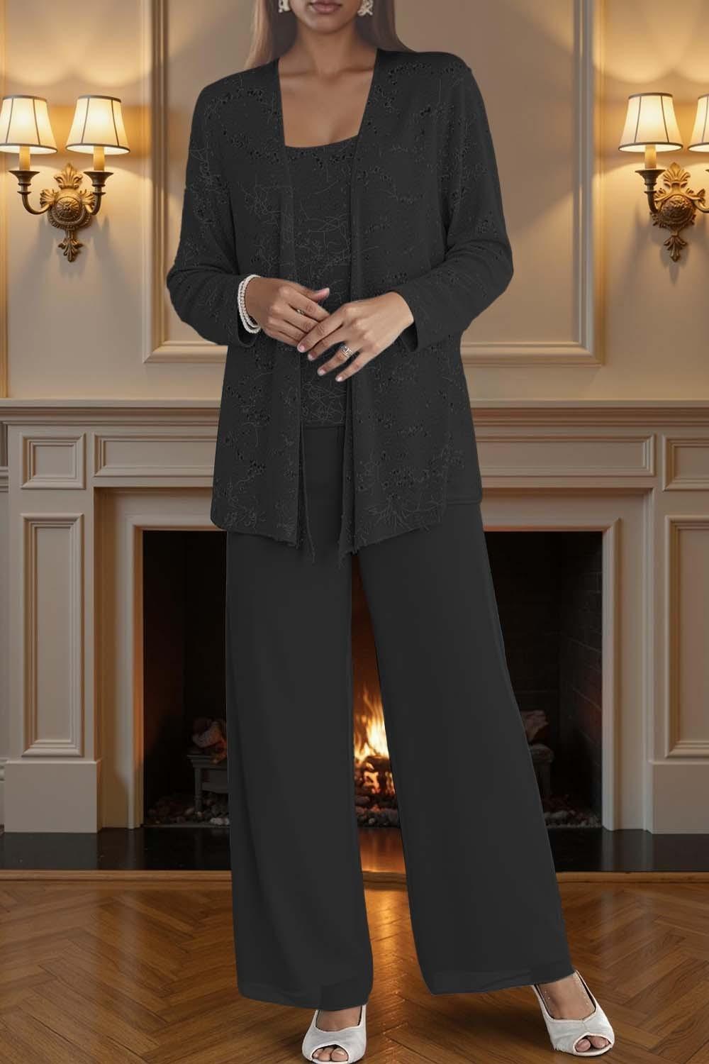 Dreamyannie Silver Chiffon Scoop Neck 3 Piece Mother Of The Bride Pant Suits With Jacket