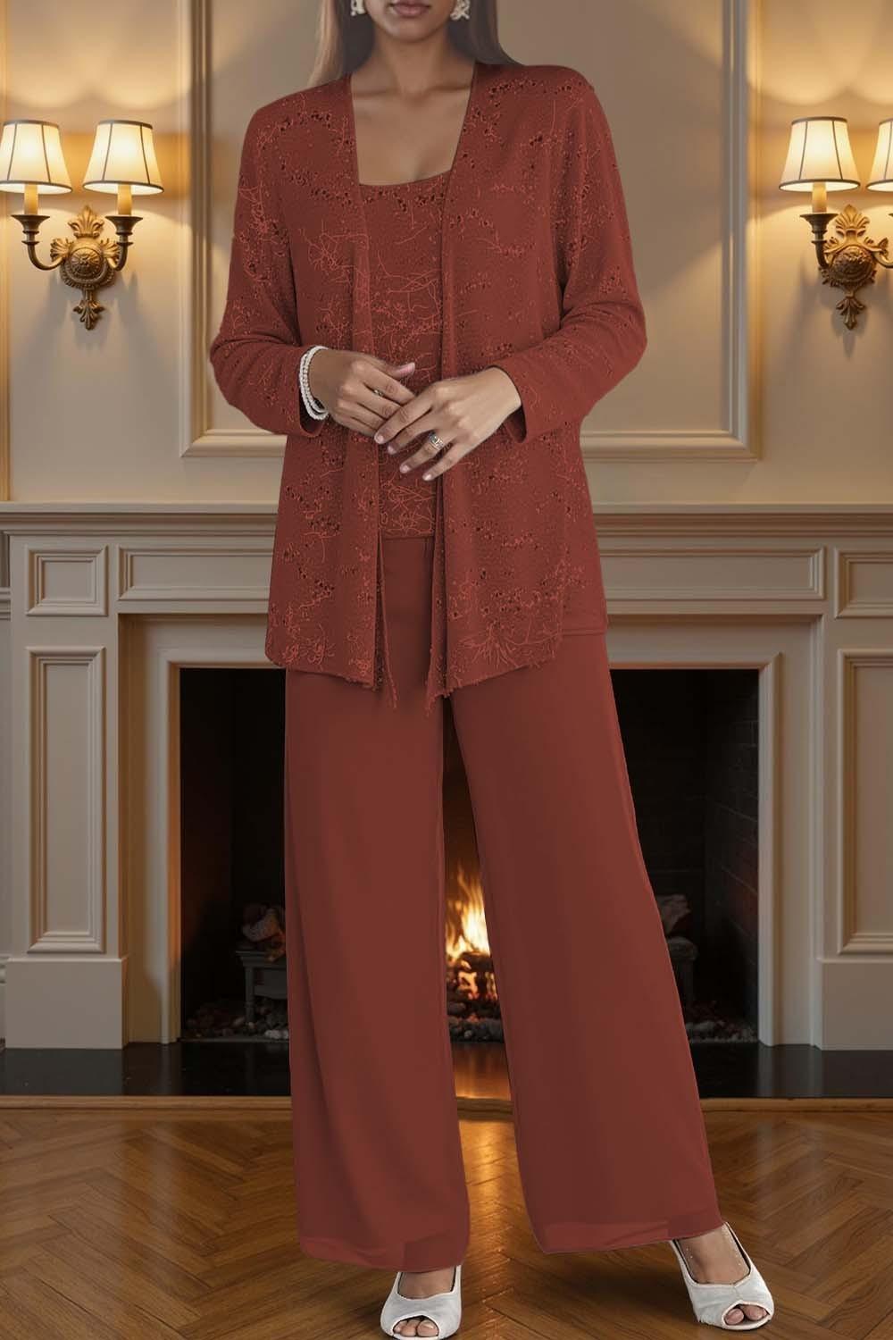 Dreamyannie Silver Chiffon Scoop Neck 3 Piece Mother Of The Bride Pant Suits With Jacket