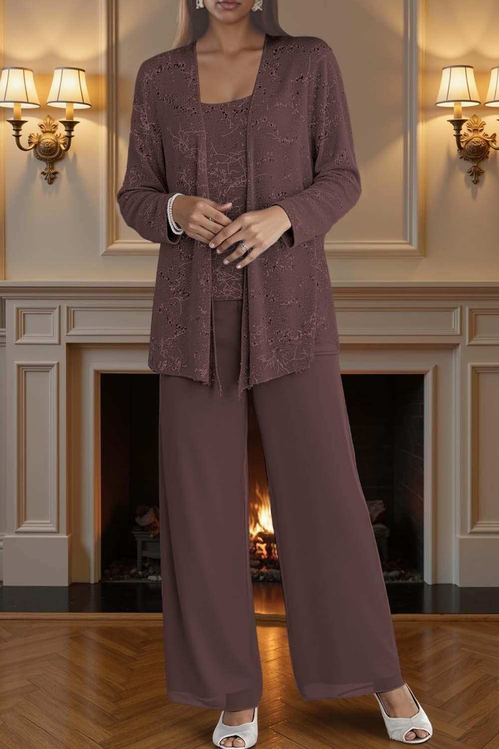 Dreamyannie Silver Chiffon Scoop Neck 3 Piece Mother Of The Bride Pant Suits With Jacket