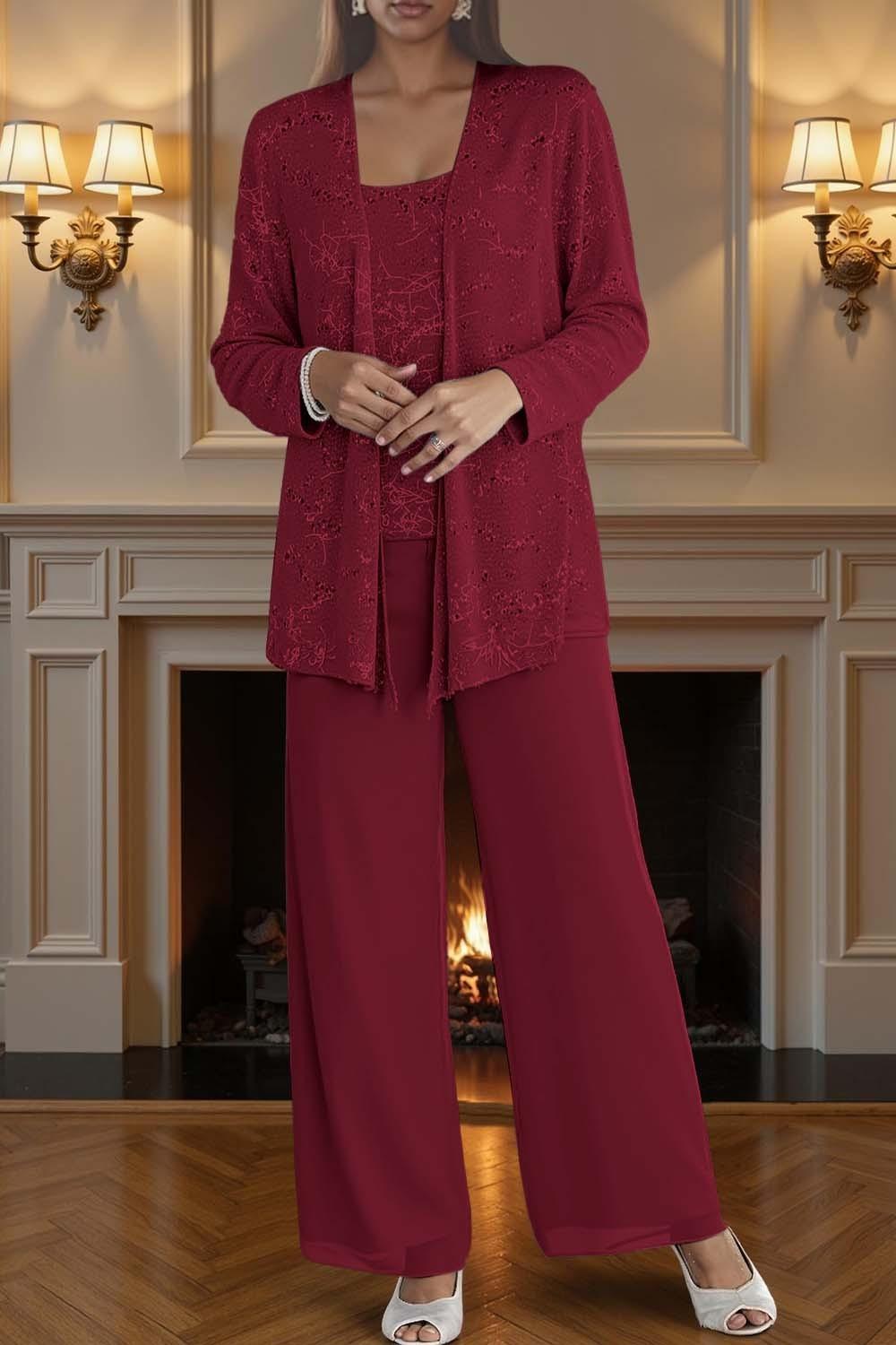 Dreamyannie Silver Chiffon Scoop Neck 3 Piece Mother Of The Bride Pant Suits With Jacket